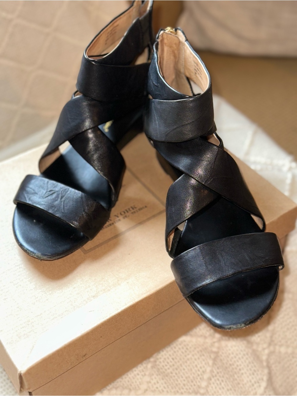 Strappy Black Leather Women's Sandals with Back Zip